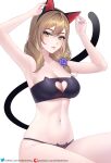  1girl animal_ears armpits arms_up bare_legs black_bow black_bowtie black_bra black_panties blue_nails bow bowtie bra breasts brown_hair cat_cutout cat_ear_panties cat_ears cat_lingerie cat_tail cleavage closed_mouth clothing_cutout detached_collar fake_animal_ears flower genshin_impact green_eyes hair_flower hair_ornament helloimtea highres large_breasts lisa_(genshin_impact) long_hair looking_at_viewer meme_attire navel panties patreon_username solo tail twitter_username underwear white_background wrist_cuffs 
