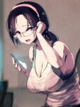  1girl at2. black_hair braid breasts brown_eyes cellphone glasses goggles hairband large_breasts lips open_mouth original phone rectangular_eyewear smartphone solo sweat teeth tongue 