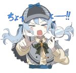  1girl bang_dream! bangs cape closed_eyes collared_shirt ground_pound_(gupaaaa) hair_between_eyes hat holding light_blue_hair long_hair matsubara_kanon open_mouth pointing shirt sketch solo sweatdrop twintails white_background 
