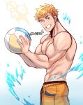 1boy abs ball bangs bara beachball blonde_hair granblue_fantasy green_eyes highres holding holding_ball large_pectorals looking_at_viewer male_focus male_swimwear muscular muscular_male one_eye_closed oneirio pectorals short_hair smile solo teeth topless_male twitter_username undercut vane_(granblue_fantasy) yellow_male_swimwear 