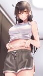  1girl bangs bare_shoulders belly_grab black_hair blush breasts clothes_lift commentary highres large_breasts long_hair navel onineko-chan original shirt_lift shorts solo stomach sweat tank_top weight_conscious yellow_eyes 