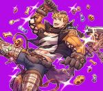  1boy abs animal_ears animal_hands bangs bara belt black_pants black_tank_top blonde_hair brown_belt candy cookie cropped_jacket food fur_collar gloves granblue_fantasy green_eyes halberd highres holding holding_polearm holding_weapon jacket knee_pads large_pectorals looking_at_viewer male_focus muscular muscular_male official_alternate_costume oneirio open_clothes open_jacket open_mouth orange_jacket pants paw_gloves pectorals polearm shirt short_hair smile solo tail tank_top torn_clothes torn_shirt twitter_username undercut vane_(granblue_fantasy) weapon white_shirt wolf_boy wolf_ears wolf_tail 