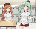  2girls :&lt; arx-160_(girls&#039;_frontline) beret breasts chair classroom collarbone commentary desk eyebrows_visible_through_hair girls&#039;_frontline green_eyes green_hair gym_shirt gym_shorts gym_uniform hair_ribbon hat indoors korean_commentary large_breasts locker long_hair looking_at_another micro_uzi_(girls&#039;_frontline) multiple_girls orange_hair ribbon school_chair school_desk shirt short_sleeves shorts sidarim sitting small_breasts standing twintails wavy_mouth yellow_eyes 