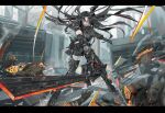  1girl absurdres battle black_hair dual_wielding english_commentary executioner_(girls&#039;_frontline) girls&#039;_frontline highres holding holding_sword holding_weapon long_hair looking_at_viewer nslacka red_eyes reverse_grip robot rubble standing sword very_long_hair weapon 