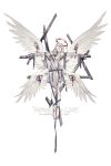  1girl angel angel_wings barefoot blood crucifixion english_commentary extra_eyes full_body halo highres impaled krab_(fumekrab) multiple_wings open_mouth original pale_skin plantar_flexion red_eyes solo torn_clothes white_background white_hair wings 