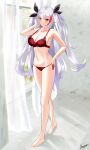  1girl azur_lane bare_legs barefoot bra breasts cleavage cross curtains eyebrows_visible_through_hair full_body hair_ribbon highres iron_cross lace lace_bra lace_panties large_breasts lingerie long_hair looking_at_viewer megumi_kei multicolored_hair panties prinz_eugen_(azur_lane) red_bra red_panties ribbon side-tie_panties signature silver_hair streaked_hair tongue tongue_out two_side_up underwear window yellow_eyes 