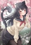  1girl animal_ear_fluff animal_ears between_legs black_hair black_legwear black_sailor_collar black_skirt breasts brown_cardigan cardigan cat_ears cat_girl cat_tail closed_mouth commentary_request day flower hand_between_legs highres holding holding_flower leaning_forward long_hair long_sleeves looking_at_viewer medium_breasts mirai_(happy-floral) neckerchief on_grass original outdoors pantyhose petals pink_flower pleated_skirt red_eyes red_neckerchief sailor_collar school_uniform serafuku shirt sitting skirt sleeves_past_wrists solo tail tree twitter_username very_long_hair white_shirt 
