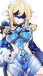  1girl =3 absurdres ass_visible_through_thighs bangs blonde_hair blue_coat blue_gemstone blue_gloves blue_leotard blue_shorts blush breasts cicin_mage_(genshin_impact) coat cosplay cowboy_shot cryo_cicin_mage_(genshin_impact) cryo_cicin_mage_(genshin_impact)_(cosplay) delusion_(genshin_impact) detached_sleeves fur-trimmed_hood fur-trimmed_sleeves fur_trim gem genshin_impact gloves half_gloves highres hood hood_down hooded_coat kradebii large_breasts leotard lips long_sleeves lumine_(genshin_impact) mask partially_fingerless_gloves poking pout revealing_clothes short_hair_with_long_locks shorts side_cutout sideboob sidelocks simple_background solo white_background 