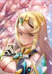  1girl bangs blonde_hair breasts chest_jewel cleavage cleavage_cutout clothing_cutout dress earrings gem headpiece highres inuneco jewelry large_breasts long_hair mythra_(xenoblade) short_dress solo swept_bangs tiara very_long_hair white_dress xenoblade_chronicles_(series) xenoblade_chronicles_2 yellow_eyes 