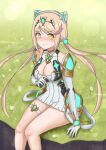  1girl bangs bare_legs bare_shoulders blonde_hair blush breasts chascoby chest_jewel cleavage cleavage_cutout clothing_cutout dress earrings elbow_gloves gem gloves headpiece highres jewelry large_breasts long_hair looking_at_viewer mythra_(xenoblade) short_dress solo swept_bangs thigh_strap tiara tsundere twintails very_long_hair white_dress white_gloves xenoblade_chronicles_(series) xenoblade_chronicles_2 yellow_eyes 
