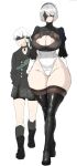  1boy 1girl areola_slip areolae black_coat black_legwear black_shorts blindfold breasts choker cleavage cleavage_cutout clothing_cutout coat curvy full_body hairband hetero highleg highleg_leotard large_areolae large_breasts leotard long_sleeves looking_away looking_to_the_side nier_(series) nier_automata no_bra puffy_long_sleeves puffy_sleeves short_hair shorts simple_background sweatdrop tall_female thick_thighs thighhighs thighs walking wavy_mouth white_background wide_hips xiangzi_box yorha_no._2_type_b yorha_no._9_type_s 