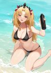  1girl :d absurdres beach bikini black_bikini blonde_hair blush bottle breasts cleavage earrings ereshkigal_(fate) fate/grand_order fate_(series) gold_earrings hair_ribbon hand_up highres holding holding_bottle jewelry long_hair looking_at_viewer medium_breasts molyb navel open_mouth red_eyes red_ribbon ribbon sand sitting smile solo stomach swimsuit tiara two_side_up wariza water 