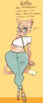  2017 anthro bypbap character_name clothing colored_nails countershade_torso countershading crop_top denim denim_clothing digital_drawing_(artwork) digital_media_(artwork) dipstick_tail domestic_cat effie_(bypbap) english_text eyebrows eyelashes felid feline felis female inner_ear_fluff looking_at_viewer mammal markings model_sheet muffin_top nails navel platform_footwear prick_ears purse red_nose shirt smile solo tail_markings teal_eyes text thick_thighs topwear tuft wide_hips 