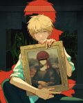  1boy absurdres black_necktie black_pants blonde_hair brown_eyes chainsaw_man collared_shirt denji_(chainsaw_man) highres looking_at_viewer male_focus mona_lisa necktie painting_(object) pants portrait shirt shirt_tucked_in short_hair sleeves_rolled_up solo tears user_ncgm7274 white_shirt 