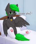  absurd_res bed bedroom_eyes bytewave cheek_tuft chest_tuft clothing collar collar_tag dialogue ear_tuft equid equine facial_tuft feral footwear friendship_is_magic furniture hasbro hi_res horse keupoz looking_at_viewer male mammal my_little_pony narrowed_eyes paw_socks pegasus pillow pony seductive socks solo spread_legs spread_wings spreading tuft white_clothing white_footwear white_socks wings 
