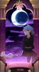  1girl amity_blight black_nails eclipse ghost_(the_owl_house) jewelry lunar_eclipse moon necklace night night_sky omy-chan pointy_ears purple_hair short_hair sky solo staff staff_riding tarot the_owl_house 