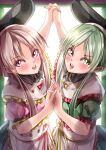  2girls absurdres back_bow black_headwear blurry blurry_background blush bow brown_hair dress eyebrows_visible_through_hair from_above green_dress green_eyes green_hair green_nails hat highres holding_hands interlocked_fingers looking_at_viewer looking_up maboroshi_mochi multiple_girls nail_polish nishida_satono open_mouth pink_dress pink_eyes pink_nails puffy_short_sleeves puffy_sleeves red_ribbon ribbon shiny shiny_hair short_sleeves tate_eboshi teeth teireida_mai touhou upper_teeth v-shaped_eyebrows yellow_ribbon 