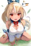  1girl arm_support bangs bare_legs bare_shoulders bird blonde_hair blue_bow blurry blurry_background blurry_foreground blush bow bowtie breasts cleavage commentary_request crossed_bangs dark-skinned_female dark_elf dark_skin depth_of_field detached_sleeves dress elf elfriend_(shiranui_flare) eyebrows_visible_through_hair foreshortening from_above hair_bow high_ponytail highres hololive indian_style large_breasts leaning_forward looking_at_viewer multicolored_hair open_hand open_mouth outdoors pi_tayuko pointy_ears ponytail red_bow red_eyes shadow shiny shiny_hair shiranui_flare short_dress sidelocks sitting solo spread_legs streaked_hair teeth upper_teeth virtual_youtuber white_dress white_hair white_sleeves 