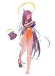  1girl :o barefoot bikini bikini_top_only blue_eyes blue_shirt flip-flops hair_behind_ear halo highres hololive hololive_english long_hair meiyan_(boyimachao) ninomae_ina&#039;nis one-piece_swimsuit open_mouth orange_bikini orange_swimsuit pointy_ears purple_hair sandals shirt solo swimsuit tako_(ninomae_ina&#039;nis) undressing very_long_hair virtual_youtuber white_background 