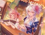  2boys 3girls ahoge animal_ears braid brown_eyes cork cork_gun eating erune feower_(granblue_fantasy) festival food granblue_fantasy japanese_clothes kimono kiriyama2109 lantern multiple_boys multiple_girls pink_hair pointy_ears purple_eyes seofon_(granblue_fantasy) signature silva_(granblue_fantasy) silver_hair takoyaki tien_(granblue_fantasy) tweyen_(granblue_fantasy) twin_braids yukata 