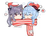  2girls :o ahoge aqua_hair artist_name bangs blue_hair blush bow chibi christmas closed_eyes commentary couple eyebrows_visible_through_hair facing_viewer ganyu_(genshin_impact) genshin_impact goat_horns hair_between_eyes hair_bow hair_cones hair_ears hair_ornament hat heart highres horns keqing_(genshin_impact) kuma_yum24 long_hair multiple_girls open_mouth santa_hat scarf shared_clothes shared_scarf sidelocks simple_background snow speech_bubble striped striped_scarf swept_bangs twitter_username wavy_hair white_background winter yuri 