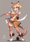  1girl absurdres animal_ears animal_print blonde_hair blue_eyes boots breasts closed_mouth cutlass_(sword) dated elbow_gloves expressionless eyebrows_visible_through_hair full_body gloves highres holding holding_sword holding_weapon iparuputsua kemono_friends looking_at_viewer medium_breasts necktie orange_necktie short_hair short_sleeves signature smilodon_(kemono_friends) solo sword tail thighhighs tiger_ears tiger_print tiger_tail weapon white_footwear white_hair 