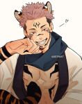  1boy abs animal_ears arm_tattoo artist_name black_nails chest_tattoo clenched_hand extra_eyes facial_tattoo fang fingernails grin hand_on_own_face hanta96 heart jujutsu_kaisen looking_at_viewer male_focus nipples open_clothes pectorals pink_hair robe ryoumen_sukuna_(jujutsu_kaisen) sharp_fingernails short_hair smile solo tail tattoo tiger_boy tiger_ears tiger_tail undercut 