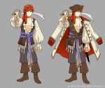  1boy boots brown_footwear coat coat_on_shoulders concept_art cutlass_(sword) emiya_shirou fate/grand_order fate_(series) grey_background hat holding holding_weapon long_sleeves looking_at_viewer male_focus official_alternate_costume official_art pirate pirate_hat red_hair senji_muramasa_(fate) shirahama_kamome simple_background solo sword weapon yellow_eyes 