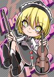  1girl absurdres black_headwear black_skirt black_vest blonde_hair blush_stickers bow_(music) brown_footwear closed_mouth eyebrows_visible_through_hair frilled_shirt_collar frills full_body grey_background hair_between_eyes head_tilt highres holding holding_instrument instrument long_sleeves looking_at_viewer lunasa_prismriver maboroshi_mochi polka_dot polka_dot_background shirt shoe_soles shoes short_hair skirt skirt_set smile socks solo touhou vest violin white_legwear white_shirt yellow_eyes 