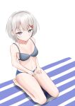  1girl absurdres bare_arms bare_shoulders barefoot blue_bra blue_eyes blue_panties bra breasts bright_pupils collarbone dot_mouth dot_nose from_above hair_ornament hairclip highres laitochris looking_at_viewer medium_hair navel panties rurine_luna seiza silver_hair simple_background sitting small_breasts solo stomach thighs underwear wactor_production white_background white_pupils 