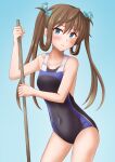  1girl alternate_costume anti_(untea9) aqua_background aqua_eyes aqua_ribbon asagumo_(kancolle) black_swimsuit blue_swimsuit blush breasts broom brown_hair collarbone competition_swimsuit covered_navel cowboy_shot gradient gradient_background hair_ribbon highres kantai_collection long_hair looking_at_viewer one-piece_swimsuit ribbon small_breasts solo swimsuit twintails twitter_username two-tone_swimsuit 