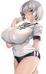  1girl arched_back arm_behind_back ass blue_buruma blue_eyes breasts buruma cameltoe commentary_request covered_nipples cowboy_shot duplicate gym_shirt gym_uniform hair_ornament hair_over_one_eye hairclip hamakaze_(kancolle) highres huge_breasts kantai_collection large_breasts looking_at_viewer open_mouth panties panties_under_buruma panty_peek pixel-perfect_duplicate shirt short_hair short_sleeves simple_background solo standing torisan underwear white_background white_hair 