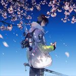  1boy apex_legends biwon_blade black_hair black_pants brown_eyes cherry_blossoms crypto_(apex_legends) flower highres holding holding_photo holding_sword holding_weapon jacket looking_down male_focus mila_alexander mystik_(apex_legends) pants petals photo_(object) pink_flower sentinel_ga_koku_ni_aru sky smile solo sword weapon white_jacket 