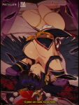  1girl black_wings bluethebone breasts dead_or_alive dead_or_alive_5 english_commentary english_text feathered_wings feathers full_body highres hime_cut large_breasts long_hair looking_at_viewer lying nyotengu on_back patreon_username purple_eyes retro_artstyle solo subtitled thigh_strap thighhighs upside-down wings 