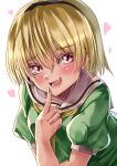  1girl absurdres black_hairband blonde_hair blush breasts eyebrows_visible_through_hair fang finger_to_mouth green_shirt hair_between_eyes hairband head_tilt heart highres higurashi_no_naku_koro_ni houjou_satoko maboroshi_mochi medium_hair open_mouth pink_eyes puffy_short_sleeves puffy_sleeves sailor_collar shirt short_sleeves simple_background small_breasts solo upper_body white_background white_sailor_collar 