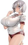  1girl arched_back arm_behind_back ass blue_eyes breasts buruma cameltoe commentary_request covered_nipples cowboy_shot duplicate gym_shirt gym_uniform hair_ornament hair_over_one_eye hairclip hamakaze_(kancolle) highres huge_breasts kantai_collection large_breasts looking_at_viewer open_mouth panties panties_under_buruma panty_peek pixel-perfect_duplicate red_buruma shirt short_hair short_sleeves simple_background solo standing torisan underwear white_background white_hair 