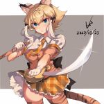  1girl absurdres animal_ears animal_print blonde_hair blue_eyes breasts closed_mouth cutlass_(sword) dated elbow_gloves expressionless eyebrows_visible_through_hair gloves highres holding holding_sword holding_weapon iparuputsua kemono_friends looking_at_viewer medium_breasts necktie orange_necktie short_hair short_sleeves signature smilodon_(kemono_friends) solo sword tail thighhighs tiger_ears tiger_print tiger_tail weapon white_hair 