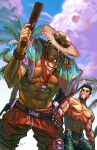  2boys abs arm_tattoo artist_name bara beard belt biceps black_eyes black_hair blonde_hair blush cassidy_(overwatch) chest_hair cloud cloudy_sky dreadful_alibi facial_hair glasses gun hairy hand_on_hip hanzo_(overwatch) hat large_pectorals lifeguard_cassidy looking_at_viewer male_focus manly multiple_boys muscular muscular_male navel navel_hair nipples open_mouth overwatch palm_tree pectorals ponytail prosthesis prosthetic_arm shorts sky straw_hat sunglasses tattoo thick_arms thick_eyebrows tight topless topless_male towel towel_around_neck tree veins veiny_arms weapon whistle whistle_around_neck 