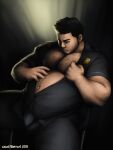  2016 avantaberrant badge belly body_hair bulge chest_hair clothed clothing fur fur_growth growth hi_res human male mammal muscular muscular_male open_clothing open_shirt open_topwear pecs security_guard shirt solo topwear transformation undressing uniform 