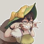  1girl animal_ears brown_eyes brown_hair collarbone futatsuiwa_mamizou glasses grey_background half-closed_eyes hands_up hat highres leaf leaf_on_head looking_ahead outline pointing pointing_forward raccoon_ears raccoon_tail saliva sharp_teeth shirt shui_yang simple_background smile solo tail teeth touhou upper_body white_outline 