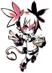  1girl belt black_footwear black_gloves black_skirt boots bowl chopsticks collar demon_girl demon_tail disgaea earrings eating egg_(food) etna flat_chest food full_body gloves hair_between_eyes harada_takehito highres holding holding_bowl holding_chopsticks jewelry looking_at_viewer miniskirt navel noodles pointy_ears red_eyes red_hair short_twintails simple_background sketch skirt skull_earrings solo strapless symbol-only_commentary tail tube_top twintails udon white_background 