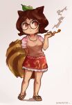  1girl animal_ears artist_name bangs beige_background brown_eyes brown_hair brown_shirt brown_skirt closed_mouth flip-flops full_body futatsuiwa_mamizou glasses highres holding holding_pipe kiseru leaf leaf_on_head pipe raccoon_ears raccoon_girl raccoon_tail sakaste sandals shirt short_hair short_sleeves simple_background skirt smoke smoking solo standing tail touhou 