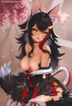  1girl absurdres animal_ear_fluff animal_ears bangs black_hair breasts breasts_out choker clothes_pull greatodoggo hair_ornament hairclip highres hololive large_breasts long_hair looking_at_viewer multicolored_hair nipples ookami_mio open_mouth red_choker red_hair red_skirt shirt_pull skirt smile solo streaked_hair tail thighhighs twitter_username very_long_hair virtual_youtuber white_hair white_legwear wolf_ears wolf_tail yellow_eyes 