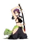  1girl arm_up armpits bare_shoulders black_hair black_pants blue_eyes breasts crop_top gradient_hair highres hip_vent holding holding_sword holding_weapon midriff multicolored_hair navel original pants purple_hair shadow sheath sheathed sideboob simple_background solo ssambatea sword weapon white_background 