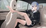  1girl :3 absurdres barefoot black_hoodie black_jacket black_shorts blue_eyes blush car_interior car_seat closed_mouth collared_shirt commentary dappled_sunlight drawstring dress_shirt gosegu grey_hair hair_flaps hair_ornament hand_on_lap hand_on_own_cheek hand_on_own_face highres hood hoodie jacket leg_up looking_at_viewer modare plus_sign shirt short_hair short_shorts shorts sitting smile smug solo sunlight tree virtual_youtuber waktaverse white_shirt zipper_pull_tab 