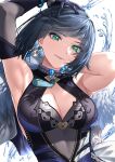  1girl arm_behind_head armpits arms_up bob_cut breasts brooch capelet cleavage closed_mouth dark_blue_hair earrings elbow_gloves eyebrows_visible_through_hair fur_trim genshin_impact gloves green_eyes head_tilt highres ice_reizou jewelry large_breasts looking_at_viewer medium_hair simple_background single_elbow_glove sleeveless smile solo upper_body water yelan_(genshin_impact) 