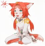  absurd_res anthro armwear blue_eyes blush bodily_fluids canid canine clothing detached_sleeves female folded_ears fox fur hi_res kneeling koei_tecmo looking_at_viewer mammal red_body red_fur simple_background solo sweat tamaki_(warriors) tobishower_843 twintails_(hairstyle) unknown_artist warriors_(game_series) warriors_all-stars 