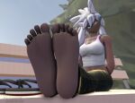  5_toes anthro black_body bottomwear clothing feet feet_together female foot_fetish foot_focus footwear fur furfrou hi_res humanoid humanoid_feet low-angle_view narrowed_eyes nintendo pants pok&eacute;mon pok&eacute;mon_(species) sandals soles solo toes umbreonthewhovian video_games white_body white_fur 