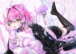  1girl bandaid cat_pillow demon_girl demon_horns demon_tail ear_piercing earrings eita_789 hair_ornament hairclip highres horns jewelry long_sleeves multicolored_hair nail_polish object_hug original piercing pillow pink_hair pointy_ears ring tail thighhighs white_hair 