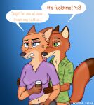  age_difference anthro blue_eyes canid canine clothed clothing coffee_cup container cup disney duo english_text feet female fox fur green_eyes hi_res incest_(lore) male male/female mammal mother mother_and_child mother_and_son mrs._wilde nick_wilde orange_body orange_fur parent parent_and_child son text toes wroniasty zootopia 